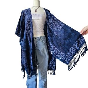 Whimsical Blue Celtic Knot Fringe Kimono Cardigan Shawl